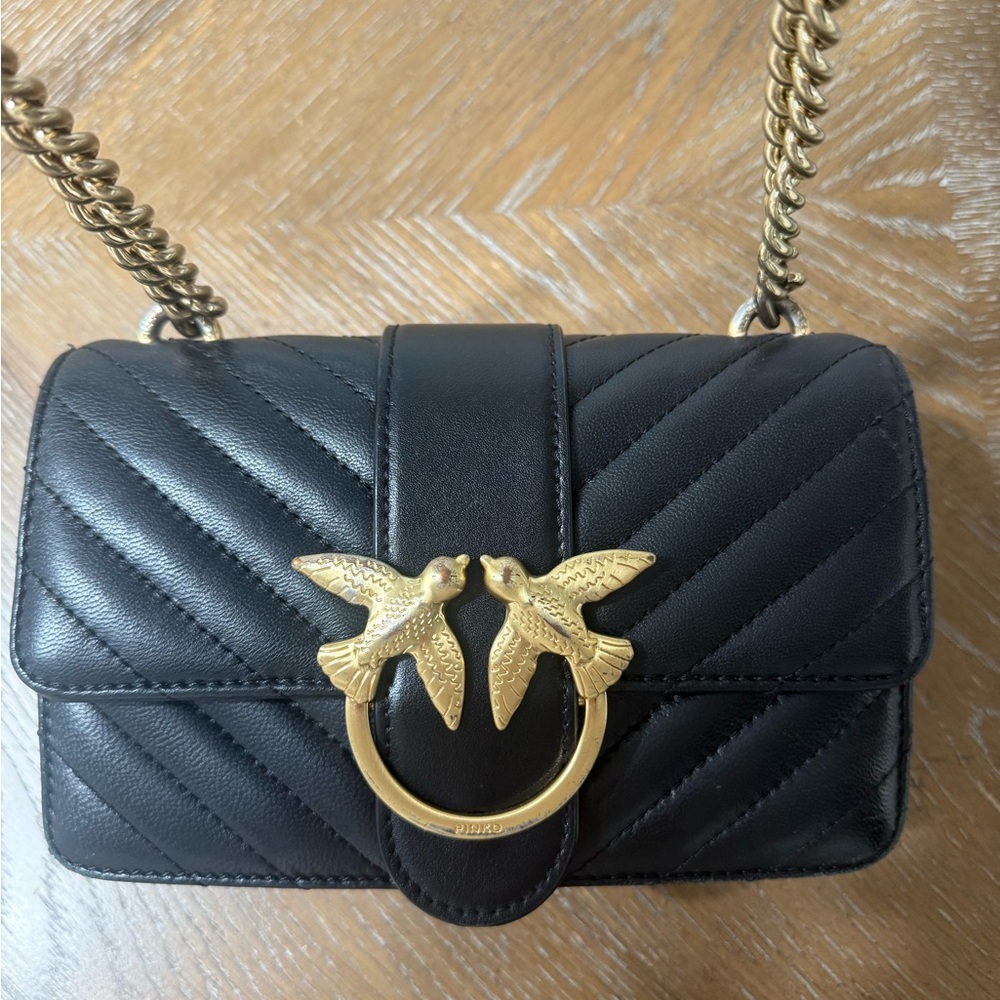 PINKO SMALL CROSSBODY Black Leather Bag with Gold Accents